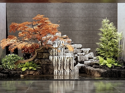 新中式假山水景 假山 水景 室内景观 红枫 植物造景