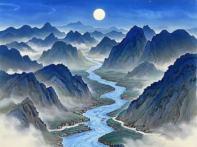 新中式现代挂画 新中式 山水 远景 工笔画