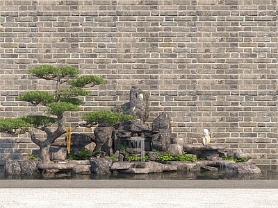 现代假山水景 现代假山水景 叠水景观 跌水 庭院植物造景 乔木 石头 竹子