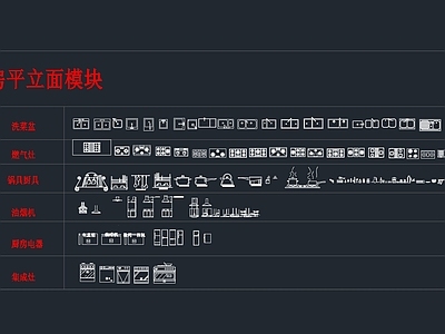 现代意式厨房设施 水槽 集成灶 灶台 厨房设施 施工图