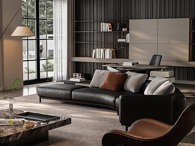 意式现代家居客厅 minotti 别墅客厅 沙发组合 书架墙