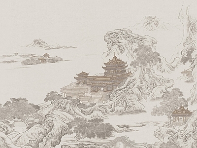 新中式中式壁画 新中式壁画 新中式背景墙 山水壁画 中式建筑壁画