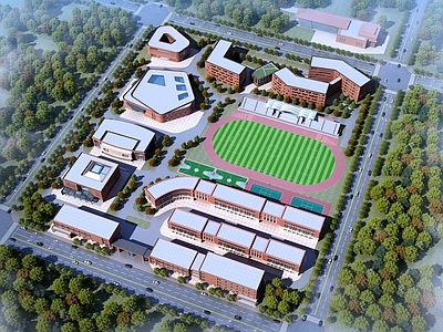 现代美式学校建筑 教学楼学校 学校操场 教学楼 图书馆