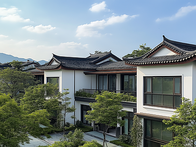 新中式小区外景 别墅区白天外景 别墅外景 中别墅区白天外景