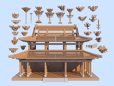 现代艺术风格建筑 中式古建构件 斗拱 榫卯结构