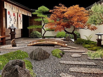 日式新中式乡村庭院 枯山水 苔藓 植物景观 景观石 汀步