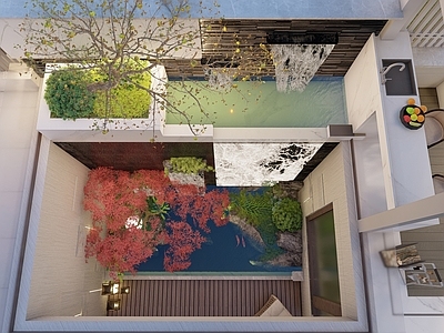 现代别墅庭院 下沉庭院 流水景墙 新中式庭院 亭子 构筑物