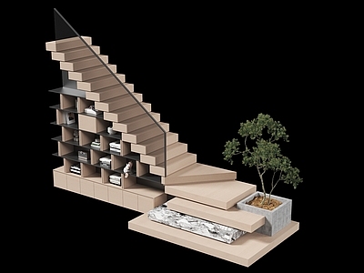 现代楼梯 木质楼梯 玻璃扶手楼梯 室内楼梯 书架楼梯组合 景观树