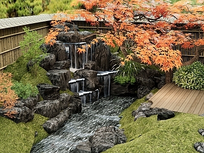 新中式日式假山水景 水景 假山 红枫 庭院水景 跌水景观