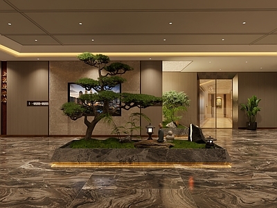 现代新中式棋牌室 棋牌咖啡大厅 中式景观造型 PU砖墙面造型 大厅吧台吊柜组合 丹顶鹤造型组合