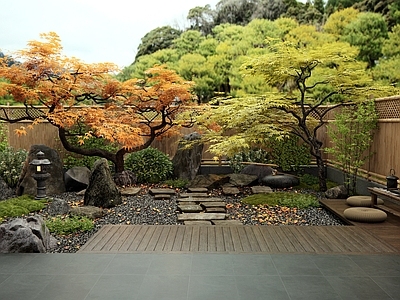 日式禅意乡村庭院 石板汀步 造型石头 枫树 植物景观 竹篱围栏