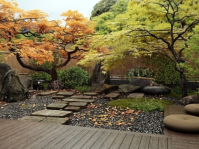 日式禅意庭院小品 石板路 景观石头 枯山水 植物景观 竹篱围墙