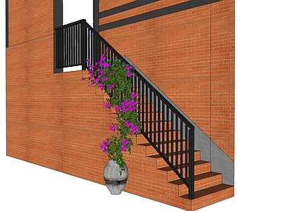 现代楼梯 扶手楼梯 室外楼梯 红砖楼梯 攀爬开花植物