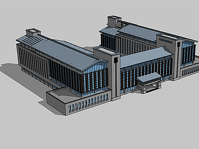 新中式中式学校建筑 教学楼学校 学校操场 学校湖景