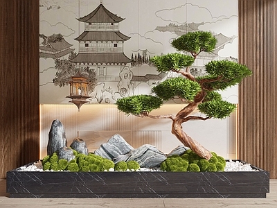 现代室内景观 新中式景观造景 松树 景观树 景观小品