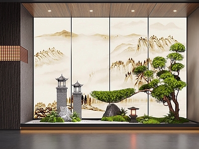 新中式室内景观 新中式景观造景 松树 景观树 景观小品