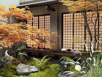 日式庭院 植物景观 花草 苔藓 庭院小品 红枫