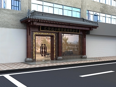 中式门头 中式复古门头 青砖挑檐花格 中式圆柱造型