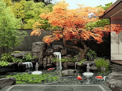 中式假山水景 水景 假山 红枫造型树 庭院花园 鱼池