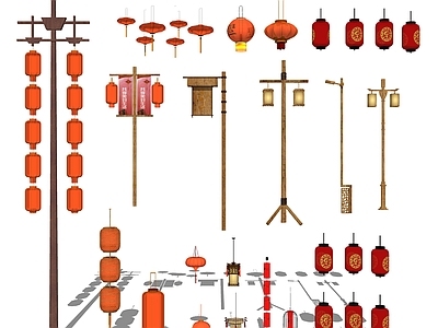 中式灯具组合 中式灯笼 景观灯 高杆灯 新年灯 传统灯氛围灯