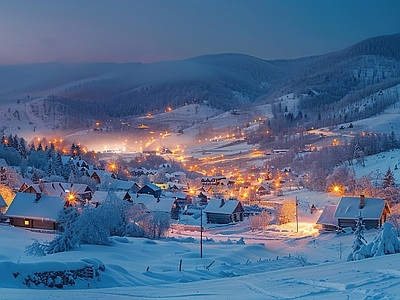 现代其它外景 现代风景 雪景外景 夜晚雪景 雪景村庄