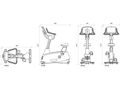 机械设备 直立自行车 健身单车 室内自行车 静态健身车 直立训练车 施工图