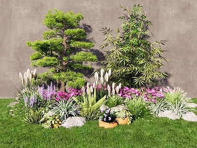 灌木 灌木花草植物组合 松树罗汉松竹子 松树竹子组合 灌木花草景观植物 造型树植物组团