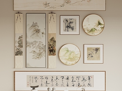 新中式挂画 新中式挂画 字画 山水画 圆形挂画