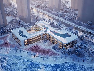 现代学校外观 幼儿园雪景 学校