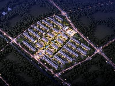 现代新中式鸟瞰规划 住宅鸟瞰夜景