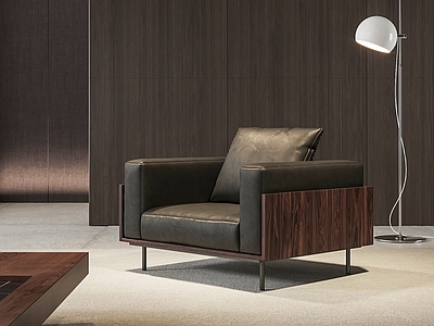 现代中古单人沙发 Minotti Brasilli 皮革单人沙发 皮革沙发椅 落地灯