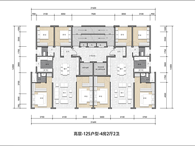 现代住宅楼建筑 北京户型 户型 大高一类高层 125三面宽产品 4房2厅2卫 平面图
