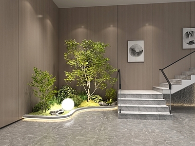 现代新中式图书馆 楼梯间小景观 室内景观组团 楼梯旁植物 玻璃栏杆