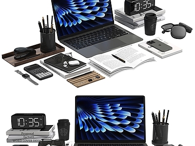 办公用品 笔记本电脑 办公文具 眼镜 时钟 咖啡杯