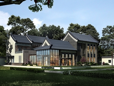 中式四合院建筑外观庭院景观