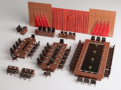 现代新中式会议桌椅 党建会议桌 政府会议桌 党建会议室背景墙 红旗 培训桌椅 大型会议室会议桌
