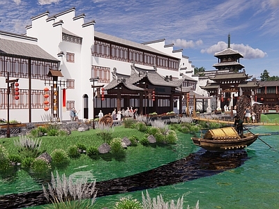 中式新中式商业街 中式徽派建筑商街 明清建筑商业街 禅院建筑禅茶茶楼 滨水商业街古镇 明清古镇老街水车