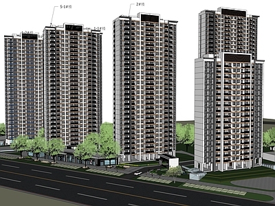 现代小区建筑 住宅小区全套建筑 板楼 底商 门楼