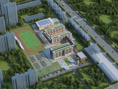 现代学校外观 学校 学校鸟瞰 办公楼 教学楼 体育馆