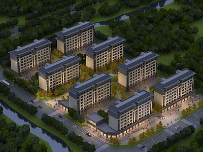 现代鸟瞰规划 住宅鸟瞰 住宅鸟瞰夜景 多层住宅 洋房
