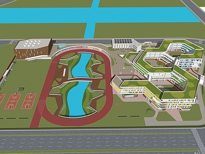 现代学校建筑 学校操场 教学楼学校