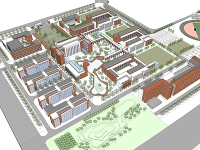 现代学校建筑 学校湖景 教学楼学校 学校操场