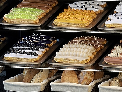 现代奶油甜品面包店 面包蛋糕 饼干冰淇淋 甜品展示柜 咖啡甜点柜 西点水果