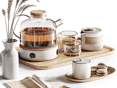 茶具 现代茶具摆件 茶壶 茶杯 书籍 花瓶