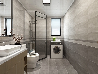 现代新中式卫生间 黑白灰卫生间 现代卫生间 新中式卫生间 洗手柜 洗衣机
