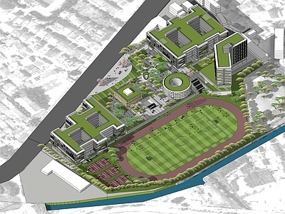 现代学校建筑 教学楼学校 学校湖景 中小学设计 学校操场