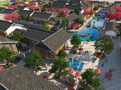 中式复古住宅景观 中式古镇 鸟瞰 古镇街景 古建筑