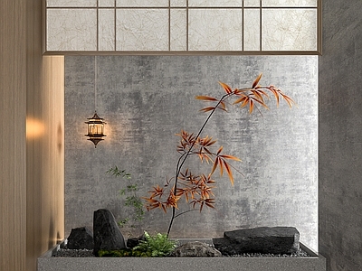 现代新中式室内景观 景观小品 植物堆 景观石
