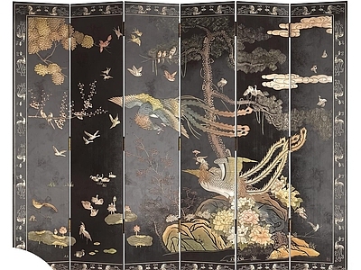 中古复古屏风 木屏风 艺术屏风 隔断 新中式屏风 花鸟手绘屏风