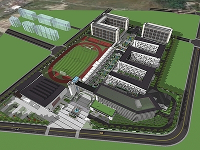 新中式现代学校建筑 教学楼学校 学校操场 宿舍楼 风雨连廊